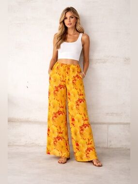 Floral Wide-Leg Yellow & Red Palazzo Pants Sz Small